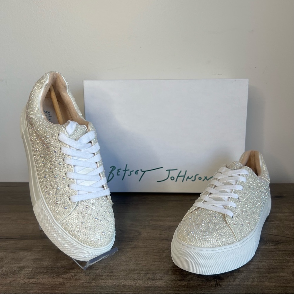 Betsey Johnson Cream Rhinestone Platform Sneakers